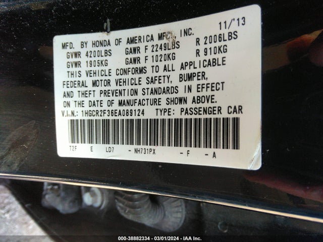 Honda ACCORD LX 2014 1HGCR2F36EA089124 Image 9
