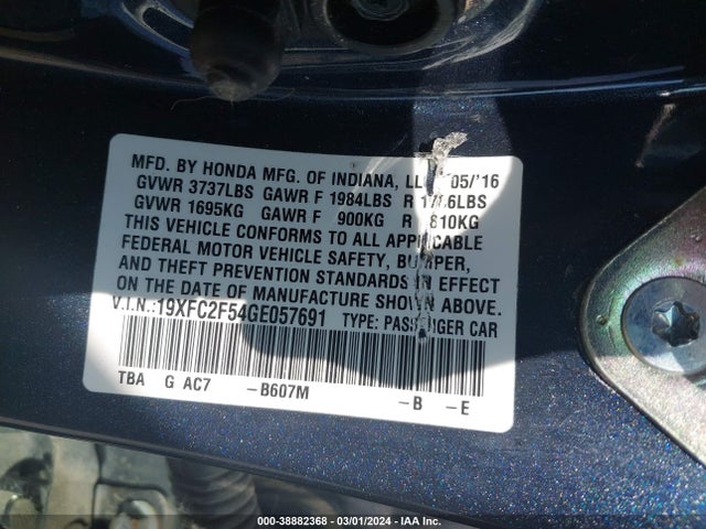 Honda Civic Lx 2016 19XFC2F54GE057691 Image 9