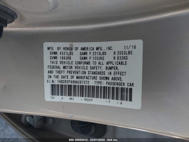 Honda Accord Ex-l 2017 1HGCR2F89HA097072 Image 9