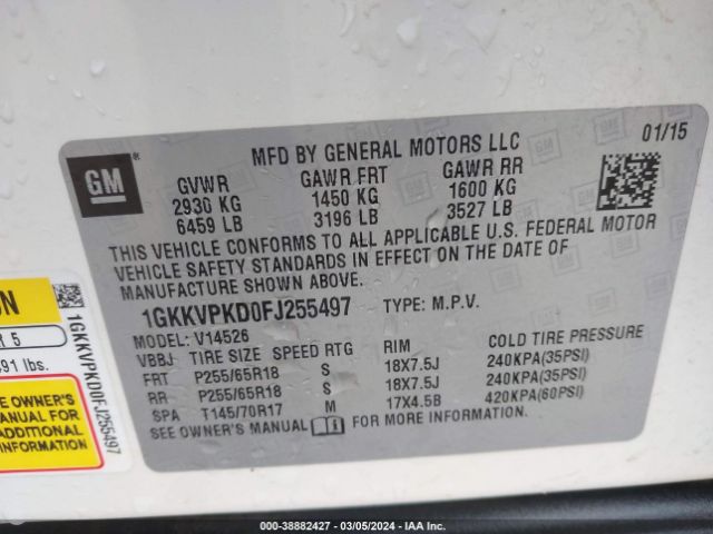 1GKKVPKD0FJ255497 GMC Acadia Sle-2