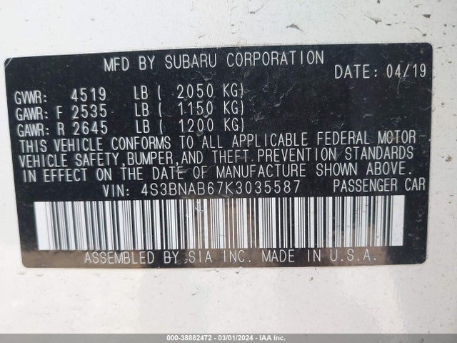 Продаж на аукціоні авто 2019 Subaru Legacy 2.5i, vin: 4S3BNAB67K3035587, номер лоту: 38882472