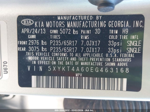 KIA SORENTO LX 2014 5XYKT4A60EG463168 Image 9