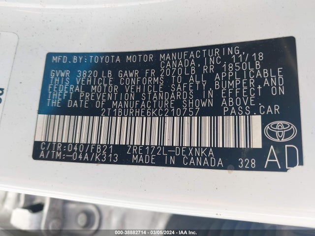 Toyota COROLLA LE 2019 2T1BURHE6KC210757 Image 9