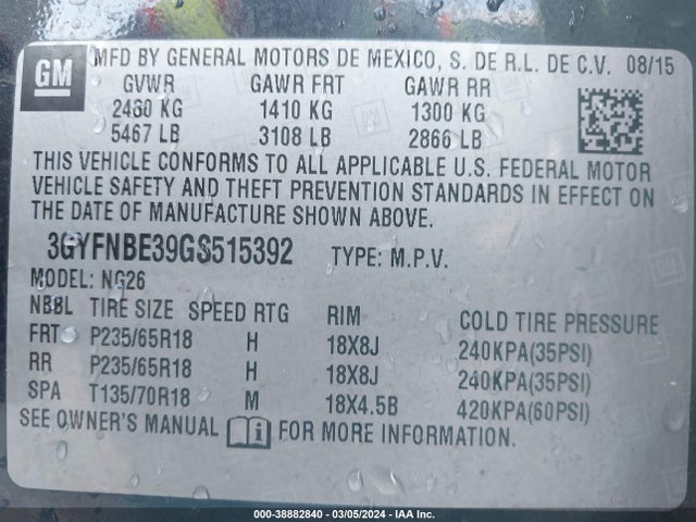 3GYFNBE39GS515392 Cadillac Srx Luxury Collection