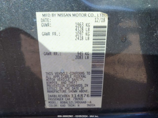 1N4BL4CV8KN314876 Nissan Altima 2.5 Sr