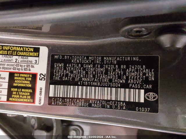 4T1B11HK8JU075004 Toyota CAMRY SE