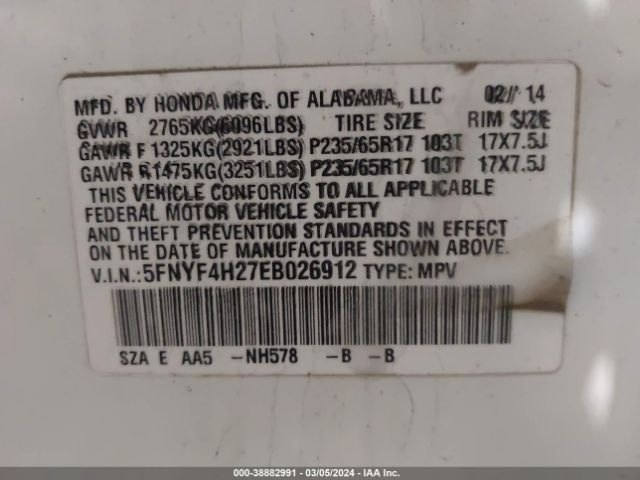 5FNYF4H27EB026912 Honda PILOT LX