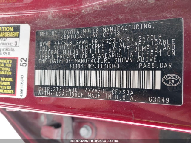 4T1B11HK7JU618343 Toyota CAMRY SE
