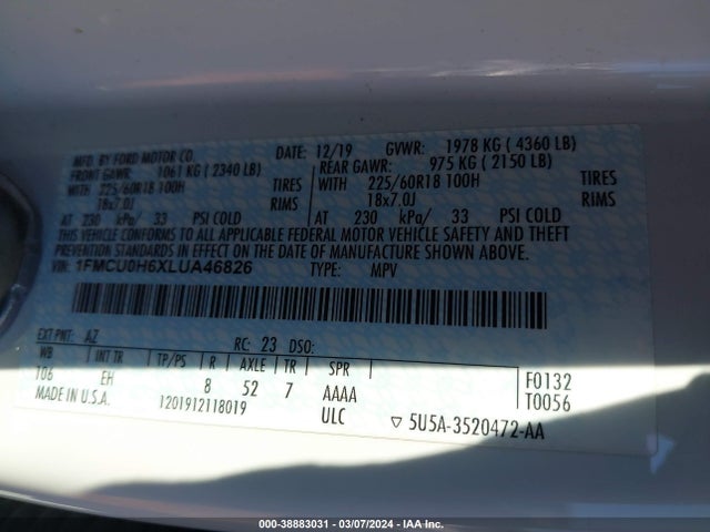 Ford ESCAPE SEL 2020 1FMCU0H6XLUA46826 Image 9