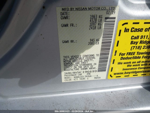 Nissan Altima 2.5 S 2019 1N4BL4BV5KC196699 Image 9