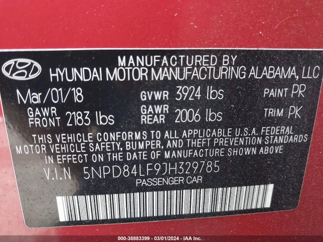 5NPD84LF9JH329785 Hyundai ELANTRA SEL