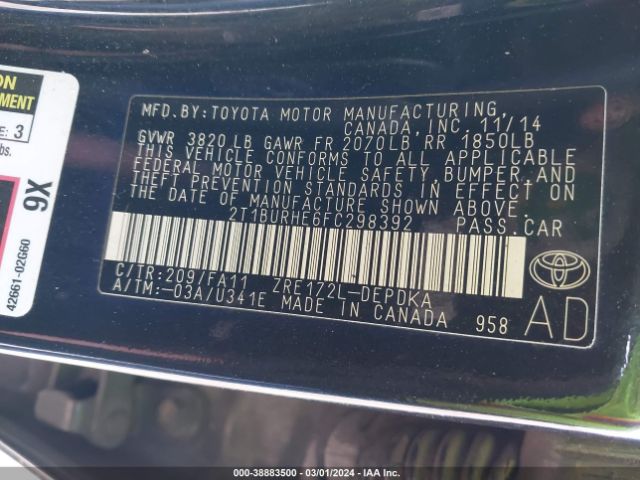 2T1BURHE6FC298392 Toyota Corolla L/le/le Pls/prm/s/s Pls