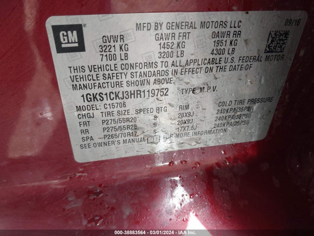 GMC YUKON DENALI 2017 1GKS1CKJ3HR119752 Image 9