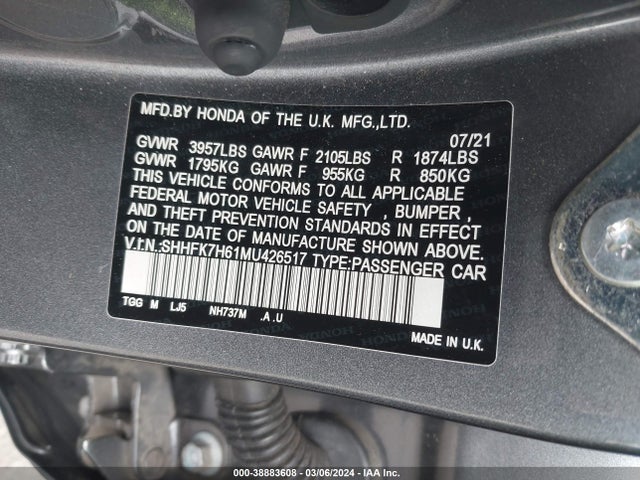 Honda CIVIC EX 2021 SHHFK7H61MU426517 Image 9