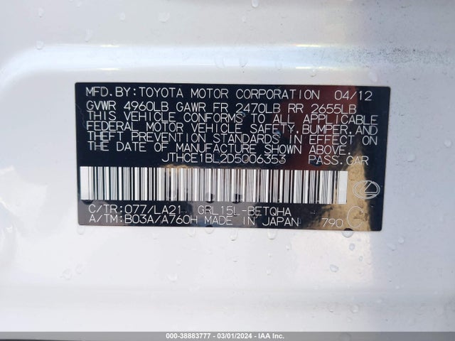 Aukcja sprzedaży 2013 Lexus Gs 350, vin: JTHCE1BL2D5006353, numer aukcji: 38883777