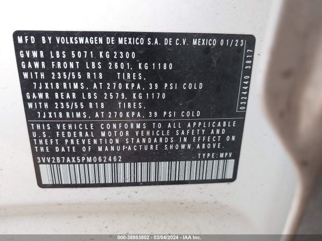 3VV2B7AX5PM062462 Volkswagen Tiguan 2.0t Se