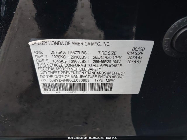 Acura Mdx Advance Package 2020 5J8YD4H80LL030953 Image 9