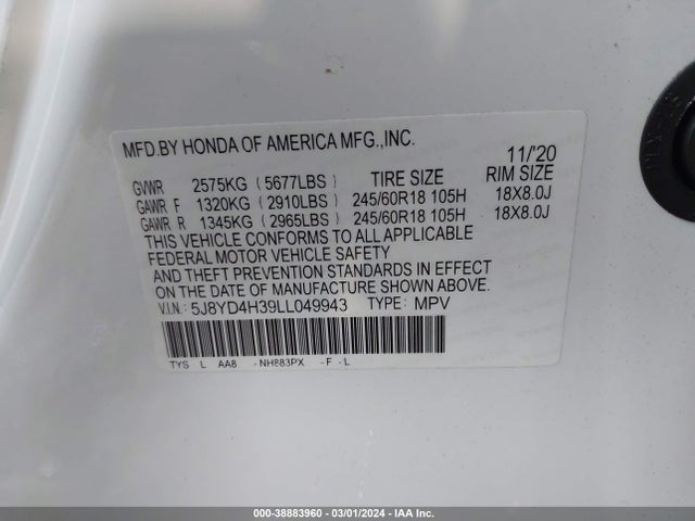 5J8YD4H39LL049943 Acura Mdx Standard