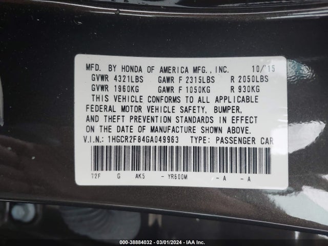 Honda Accord Ex-l 2016 1HGCR2F84GA049963 Image 9