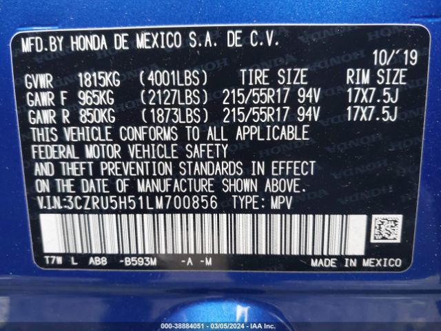 3CZRU5H51LM700856 Honda Hr-v 2wd Ex
