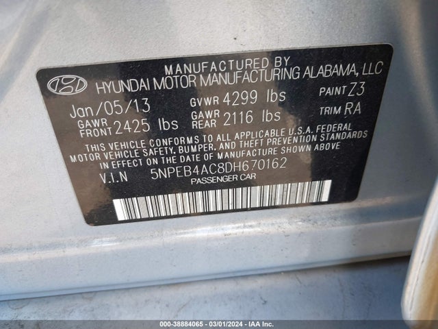 2013 HYUNDAI SONATA GLS VIN: 5NPEB4AC8DH670162