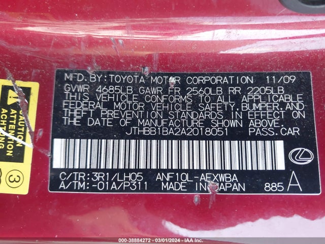 2010 LEXUS HS 250H PREMIUM VIN: JTHBB1BA2A2018051