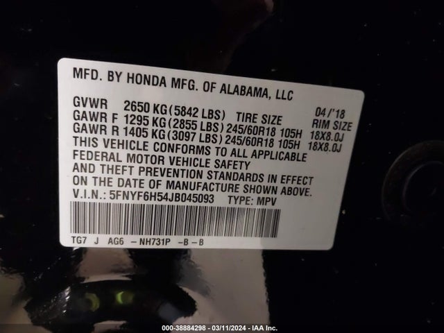 Honda Pilot Ex-l 2018 5FNYF6H54JB045093 Image 9