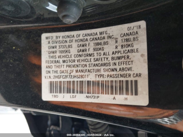 Honda CIVIC EX 2018 2HGFC2F72JH528011 Image 9