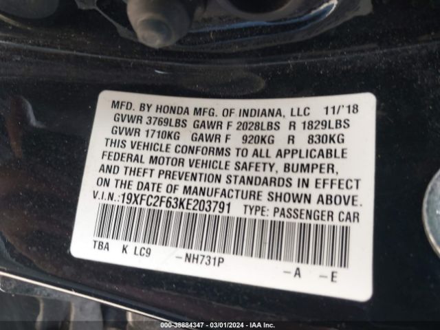 19XFC2F63KE203791 Honda Civic Lx