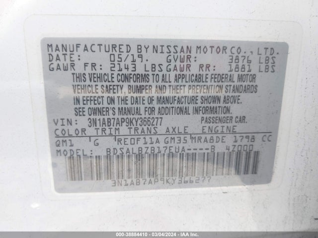 Nissan SENTRA S 2019 3N1AB7AP9KY366277 Image 9