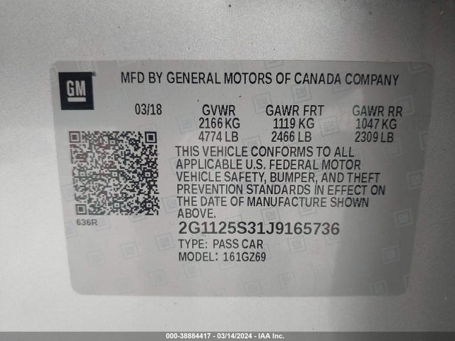 Chevrolet IMPALA 2LZ 2018 2G1125S31J9165736 Image 9