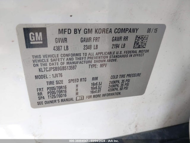 Chevrolet Trax Lt 2016 KL7CJPSB9GB513597 Image 9