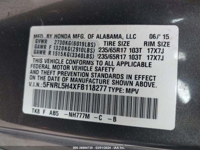 Honda ODYSSEY EX 2015 5FNRL5H4XFB118277 Image 9