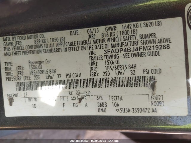 Ford FIESTA SE 2015 3FADP4BJ4FM219288 Image 9