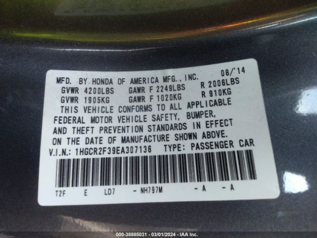 1HGCR2F39EA307136 Honda ACCORD LX
