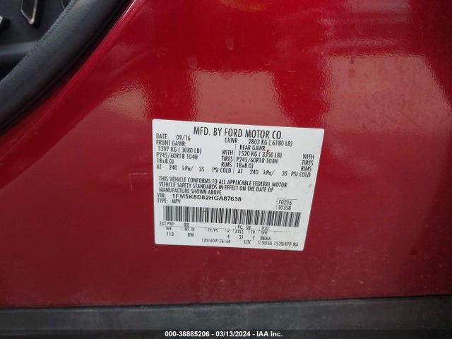 Ford EXPLORER XLT 2017 1FM5K8D82HGA87638 Image 9