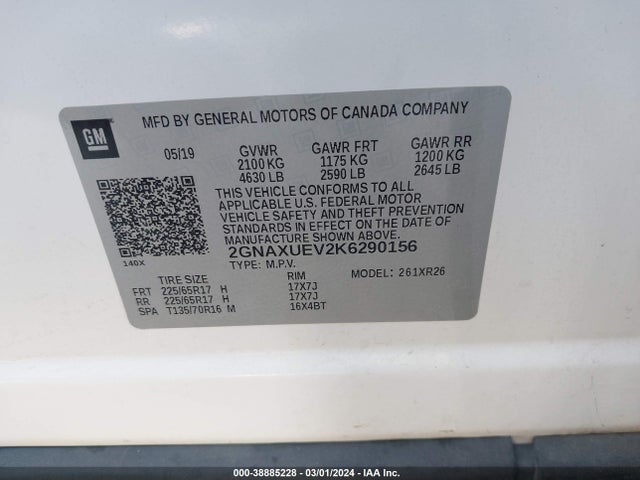 2019 CHEVROLET EQUINOX LT VIN: 2GNAXUEV2K6290156
