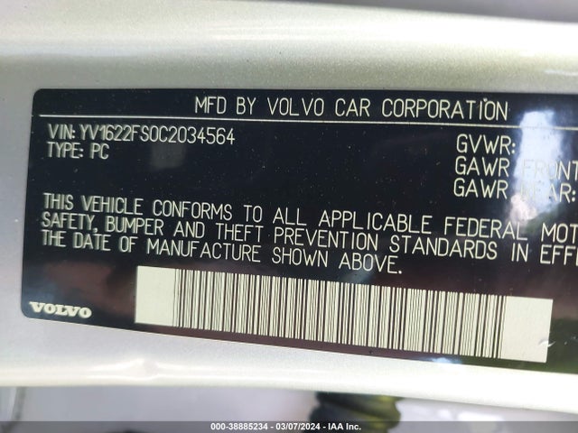 2012 VOLVO S60 T5 VIN: YV1622FS0C2034564