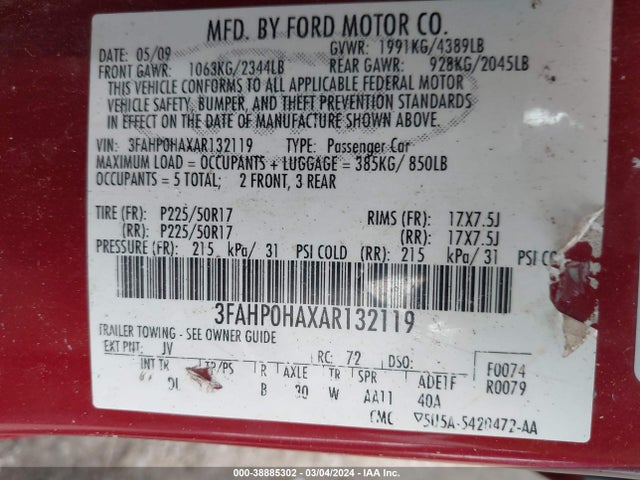 Aukcja sprzedaży 2010 Ford Fusion Se, vin: 3FAHP0HAXAR132119, numer aukcji: 38885302