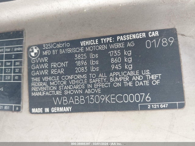 1989 BMW 325 I VIN: WBABB1309KEC00076