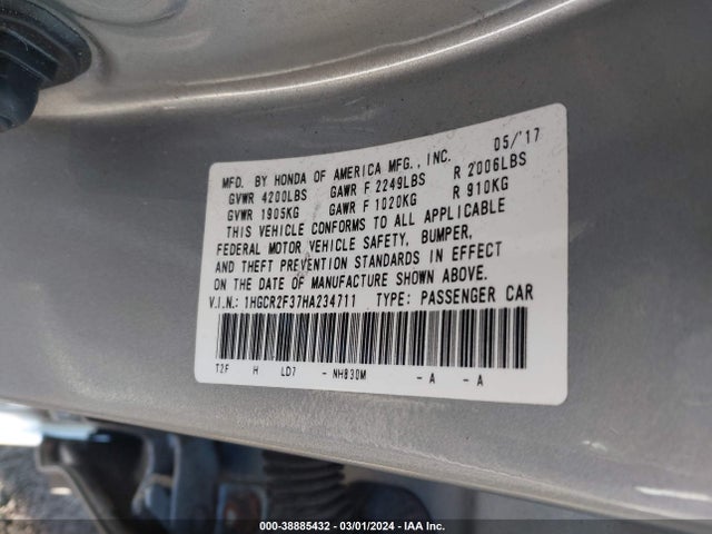 Honda ACCORD LX 2017 1HGCR2F37HA234711 Image 9
