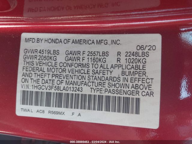 1HGCV3F58LA013243 Honda Accord Hybrid Ex-l
