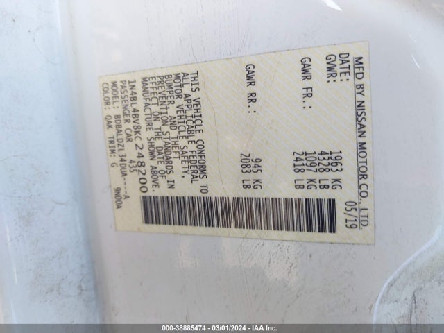 Nissan Altima 2.5 S 2019 1N4BL4BV8KC248200 Image 9