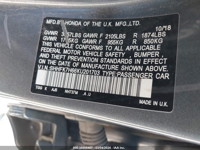 Honda CIVIC EX 2019 SHHFK7H66KU201703 Image 9