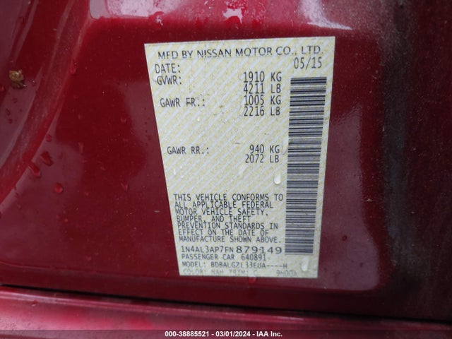 Nissan Altima 2.5 S 2015 1N4AL3AP7FN879149 Image 9