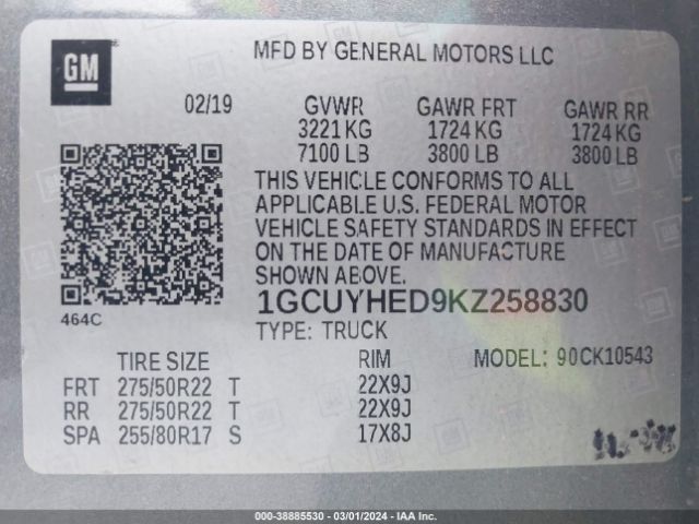 1GCUYHED9KZ258830 Chevrolet Silverado 1500 High Country