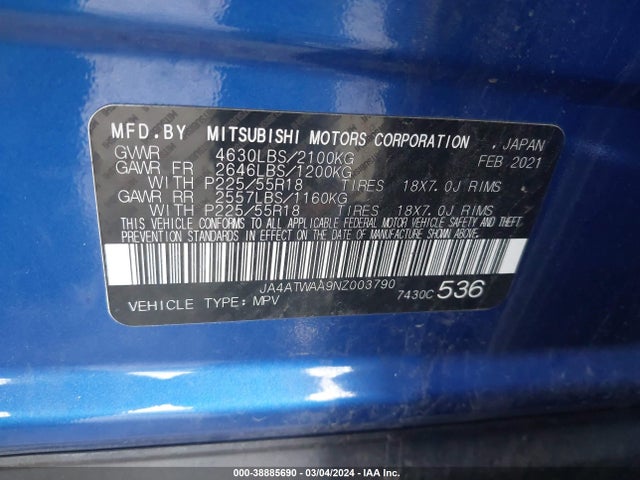JA4ATWAA9NZ003790 Mitsubishi Eclipse Cross Se S-awc/se Special Edition S-awc/sel S-awc/sel Special Edition S-awc