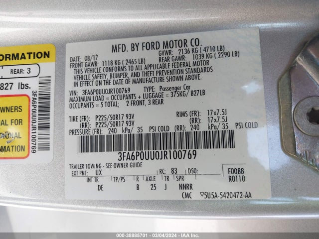 Ford Fusion Hybrid S 2018 3FA6P0UU0JR100769 Image 9