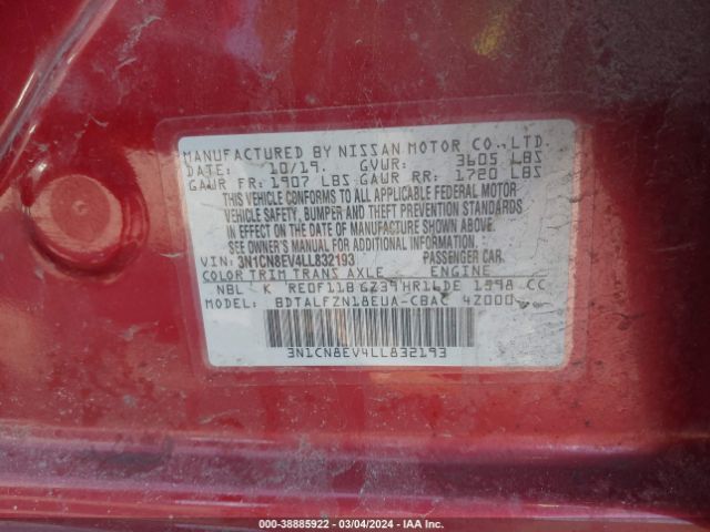 3N1CN8EV4LL832193 Nissan Versa Sv Xtronic Cvt