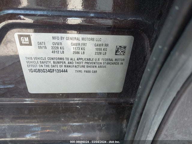 2016 Buick Lacrosse Leather მანქანა იყიდება აუქციონზე, vin: 1G4GB5G34GF139444, აუქციონის ნომერი: 38886024